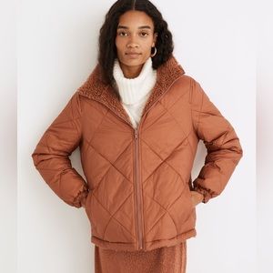 Madewell Reversible Sherpa Puffer Jacket Quilted Rust terracotta zip front